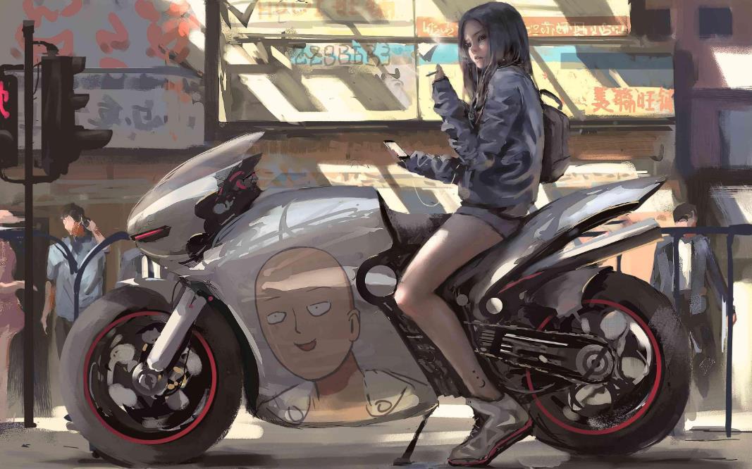 摩托车上的一拳超人贴画 动漫高冷女孩