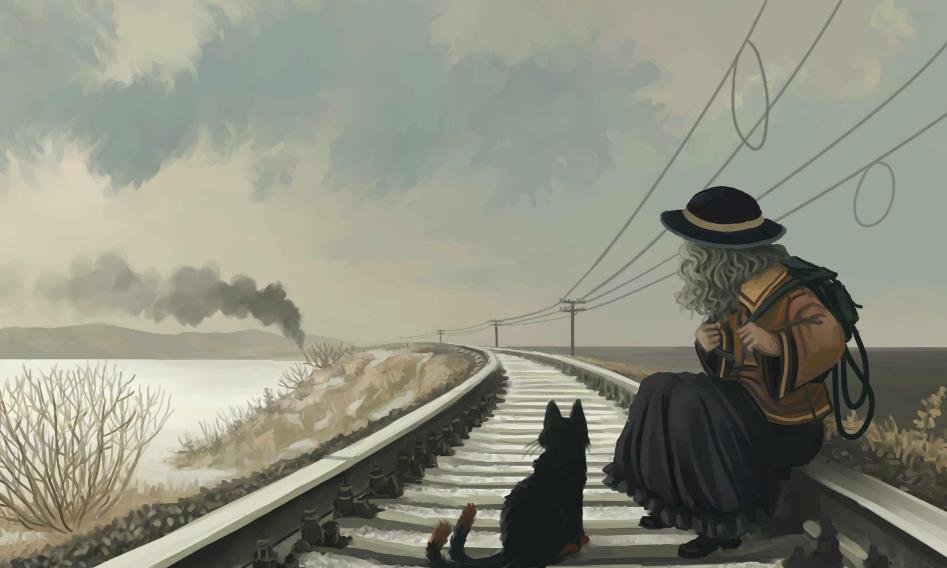 铁路上的动漫女孩和她的猫